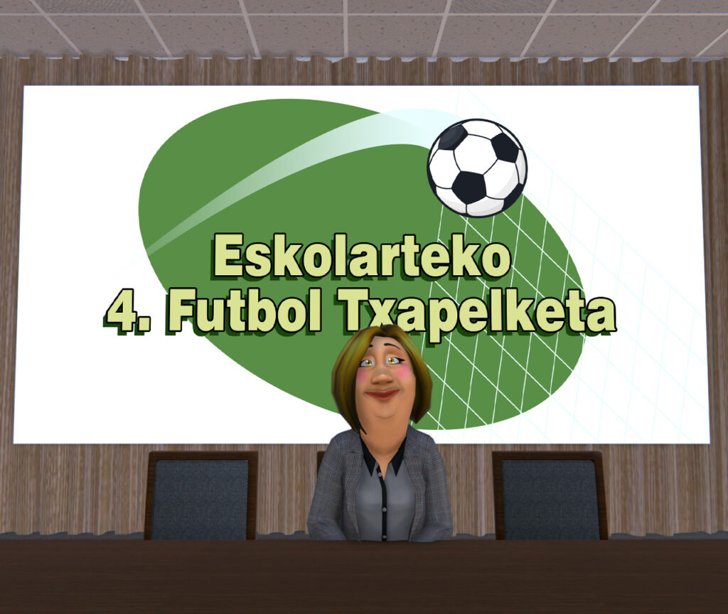 Emakume bat mahai baten aurrean eserita dago, irribarrez, bere atzean "Eskolarteko 4. Futbol Txapelketa" eta futbol baloi baten irudia erakusten du.